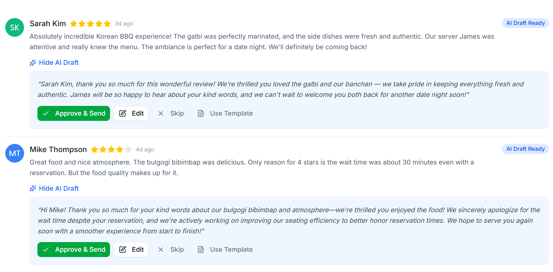 FiveReply AI reply drafts with approve and send functionality